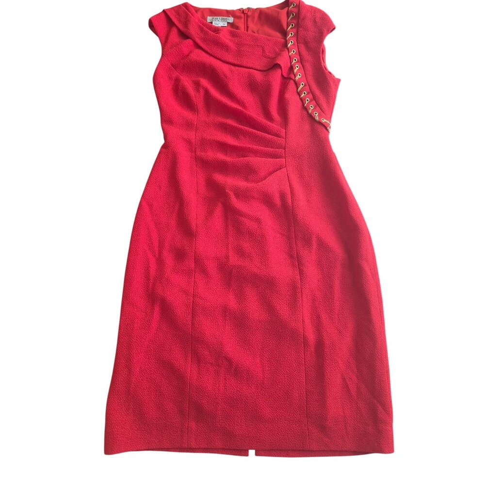 Kay Unger Red Textured Sleeveless Dress With Gold Chain Detail Size 10